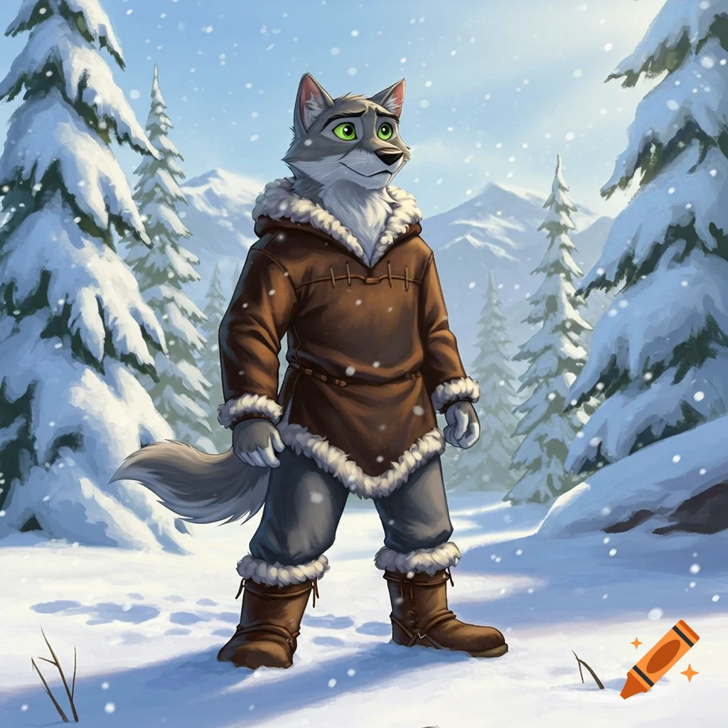 An anthropomorphic wolf in a brown fur-lined parka stands in a snowy forest with falling snow, in a cartoon style.