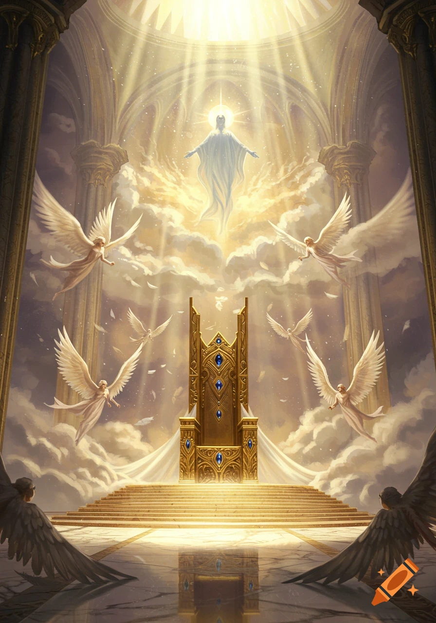 A brilliant heavenly hall with a glowing divine figure above a golden throne, surrounded by angels and light, in an illustrative style.