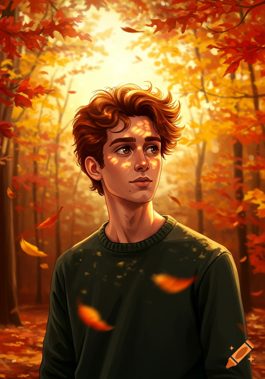 An illustrated young man with curly brown hair in an autumn forest, bathed in sunlight filtering through orange and yellow leaves.