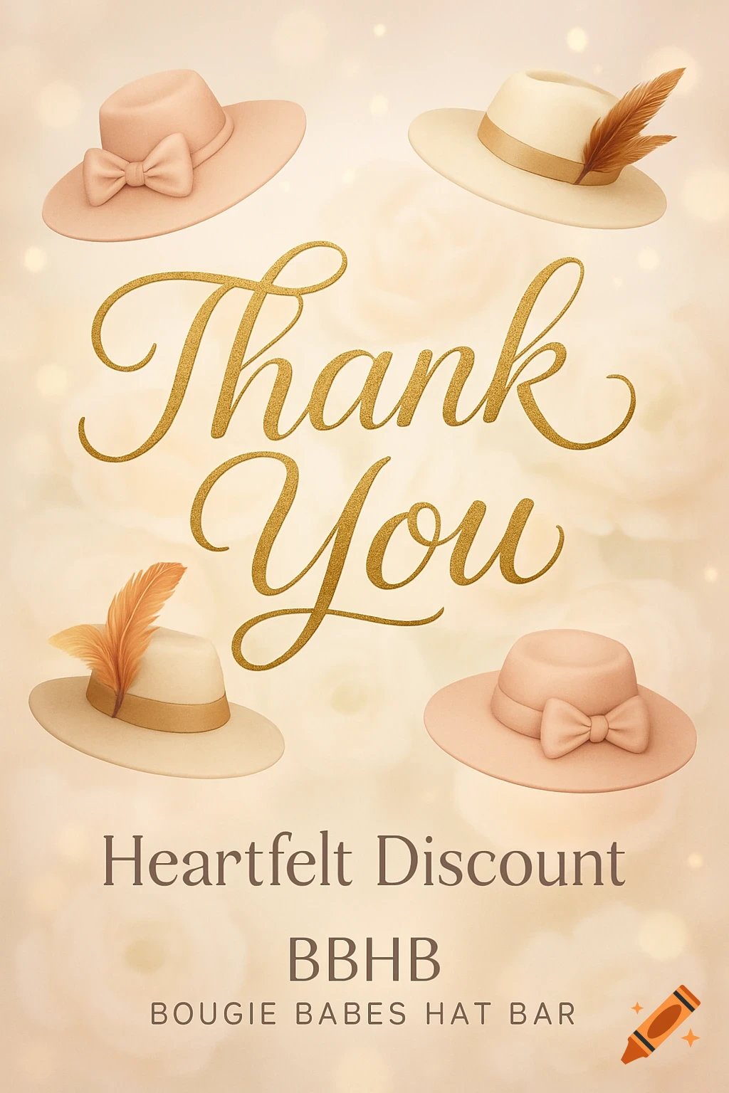 Four stylized hats, two with bows and two with feathers, on a warm background with bokeh. Text reads 'Thank You Heartfelt Discount BBHB Bougie Babes Hat Bar'.