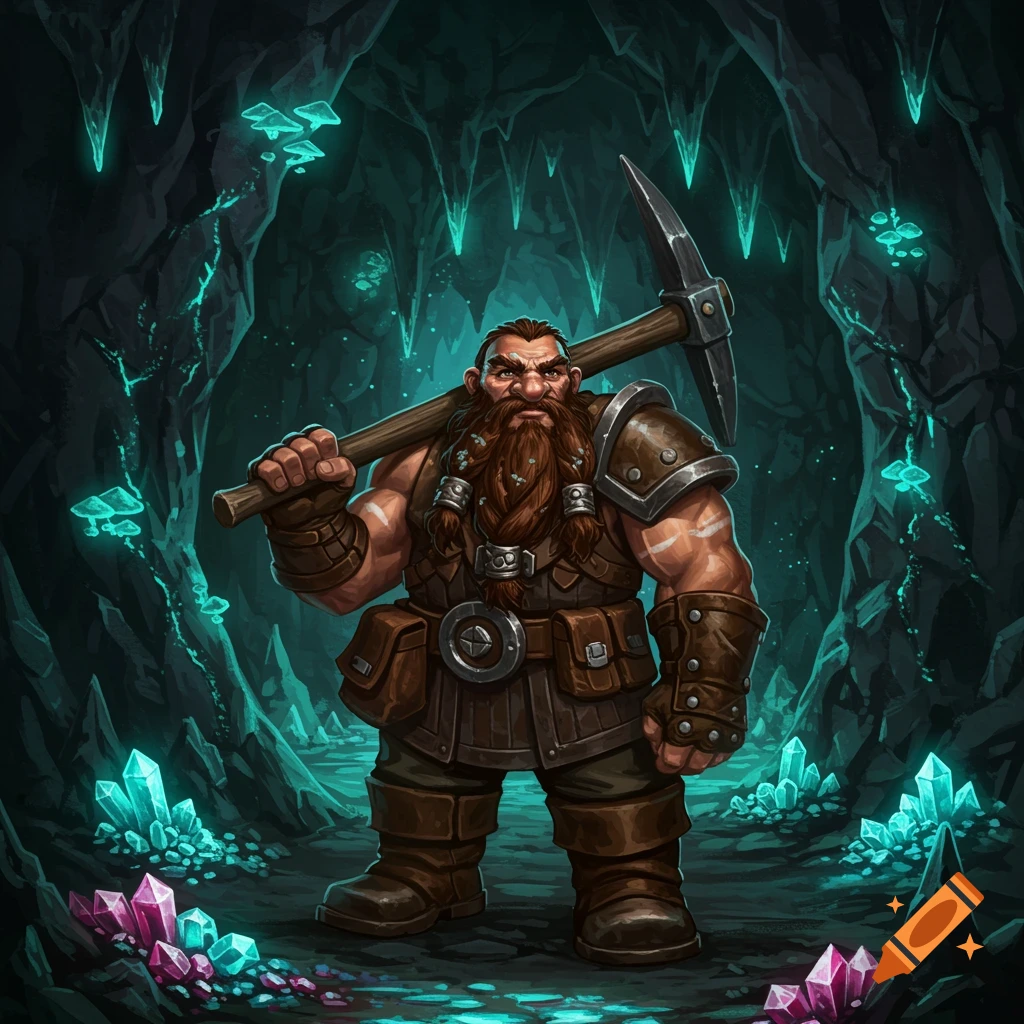 A heavily bearded dwarf miner with a pickaxe stands in a glowing crystal cave, fantasy illustration.