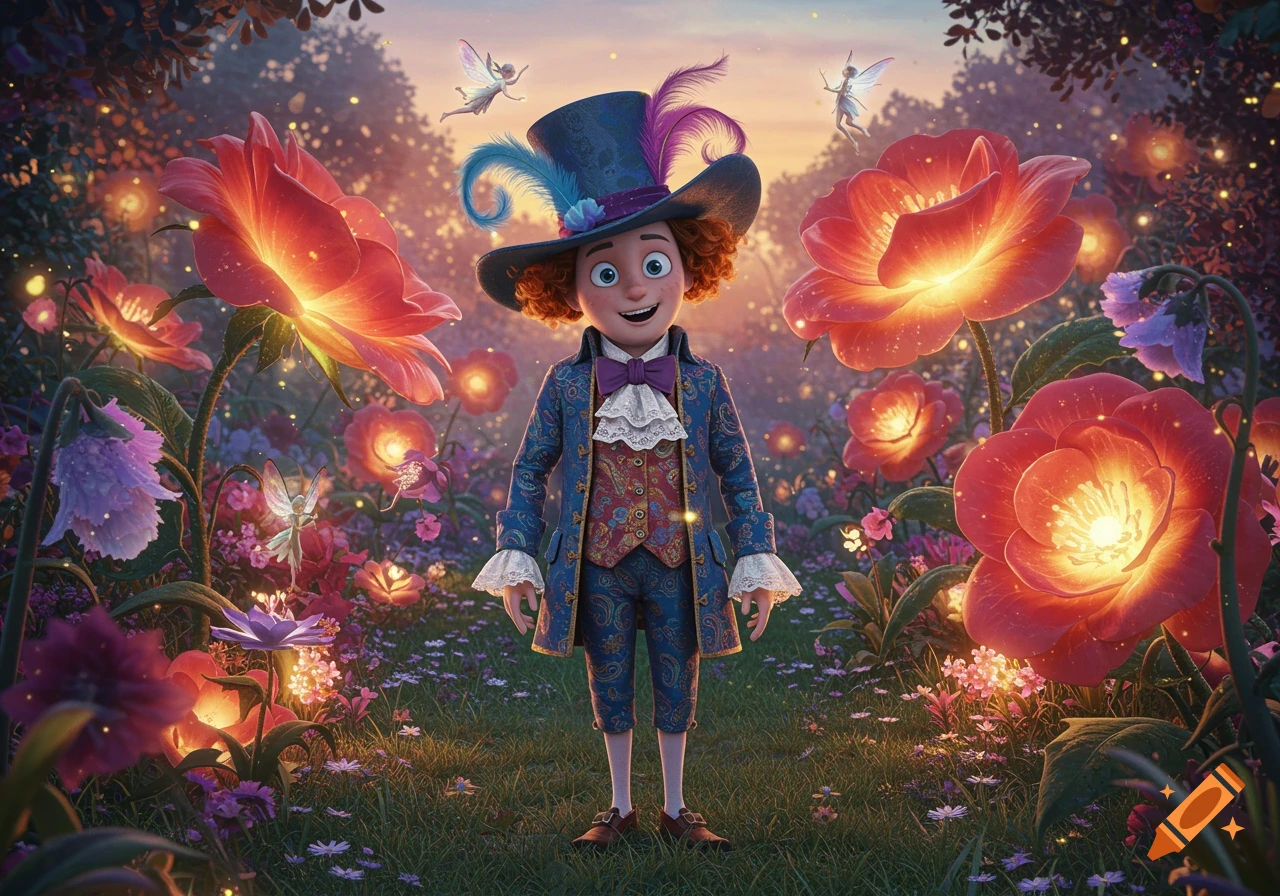 A whimsical cartoon boy in a blue dandy suit and feathered top hat smiles in an enchanted garden with glowing flowers and flying fairies.