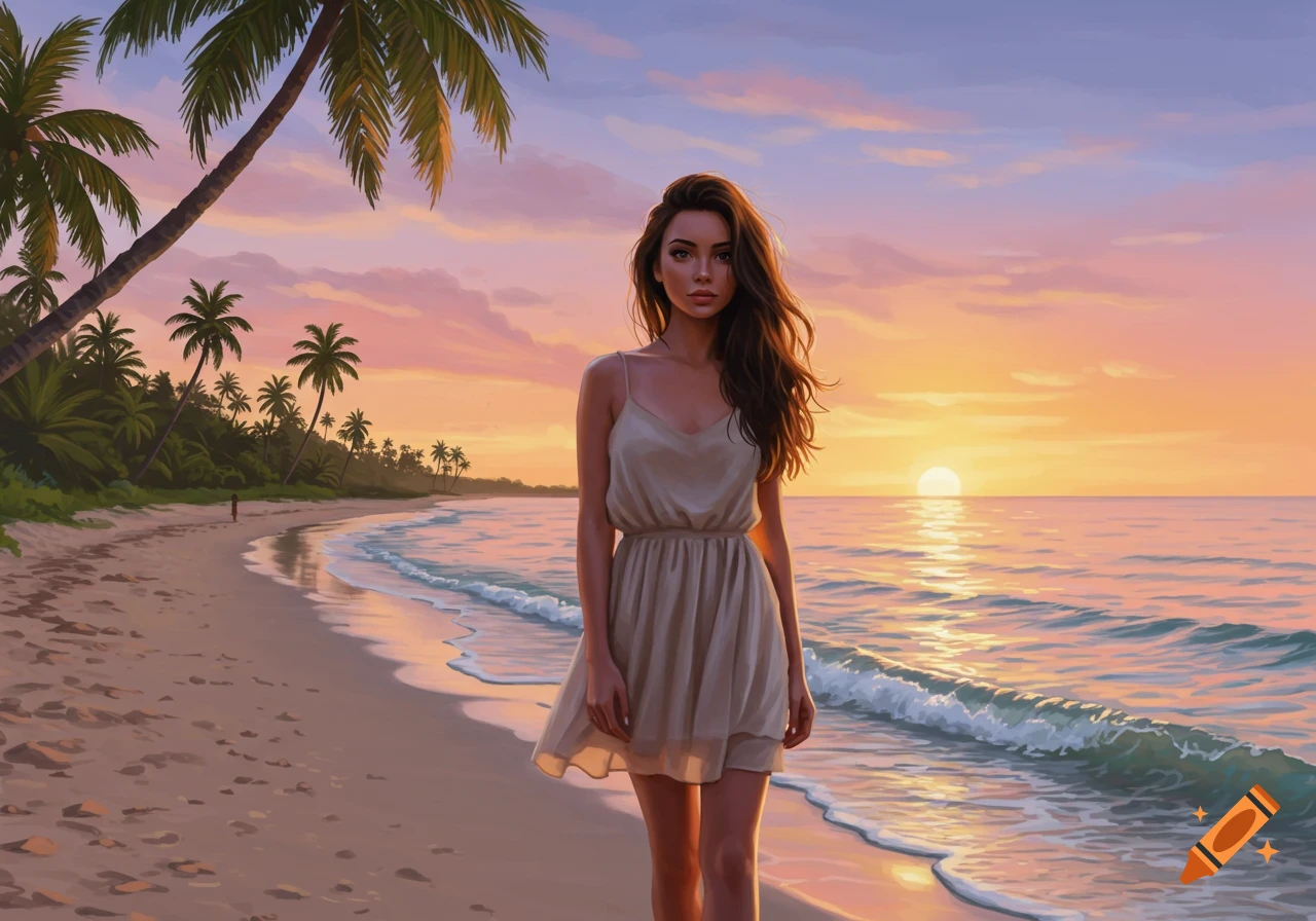A digital painting of a woman in a light dress walking on a sandy beach at sunset with palm trees.