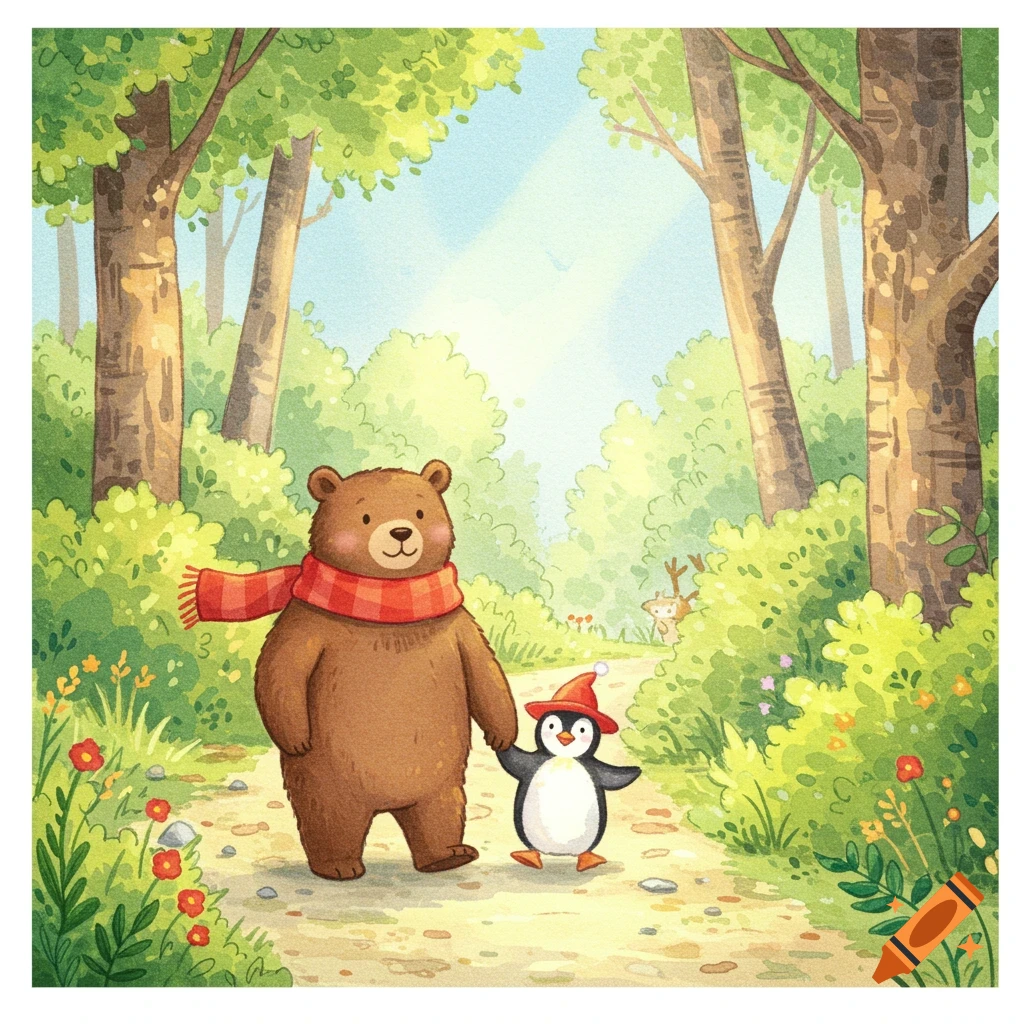 A brown bear in a red scarf and a penguin in a red hat walk on a forest path in a watercolor children's book style.
