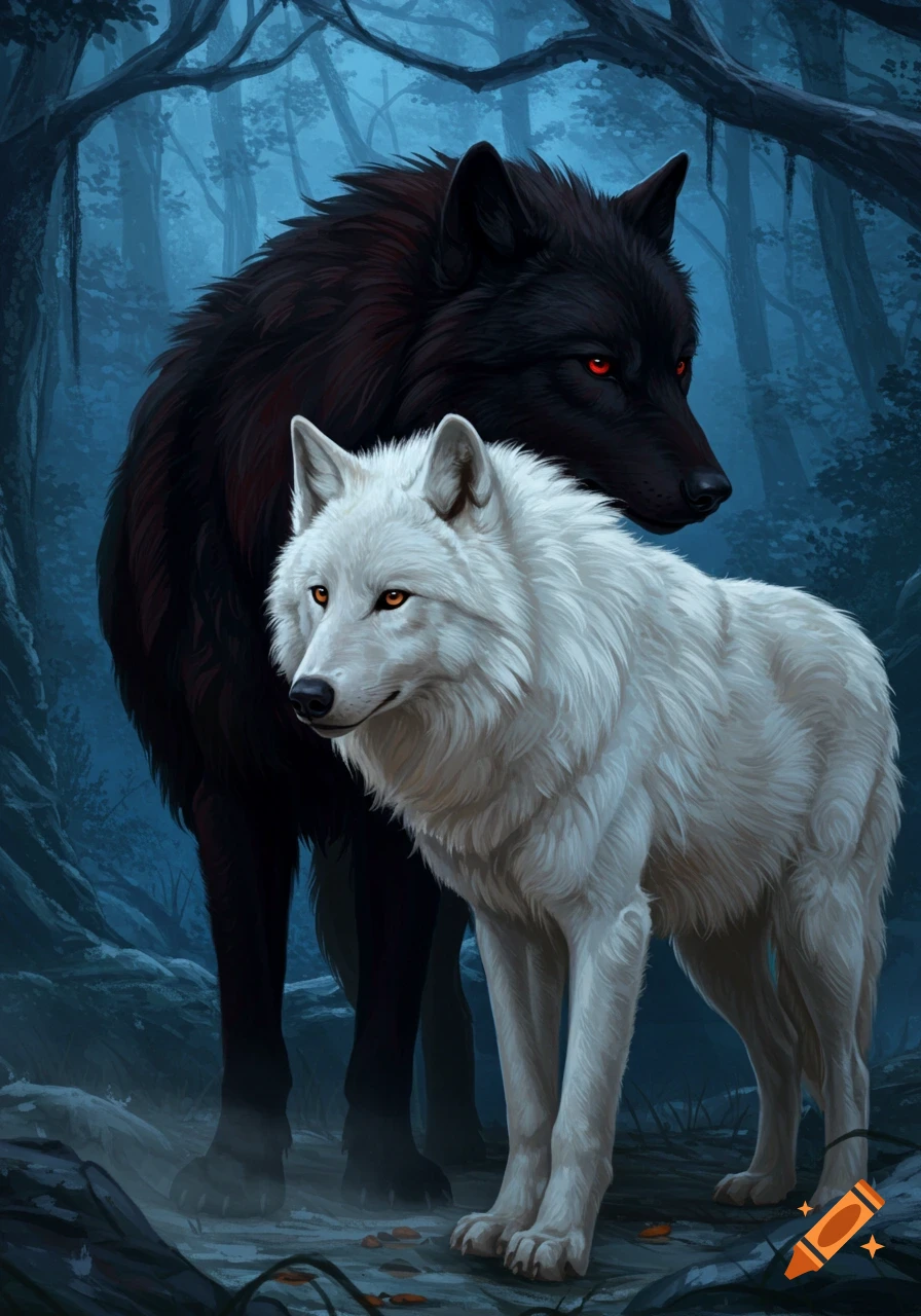 A black wolf with red eyes stands behind a white wolf with orange eyes in a mystical dark forest.