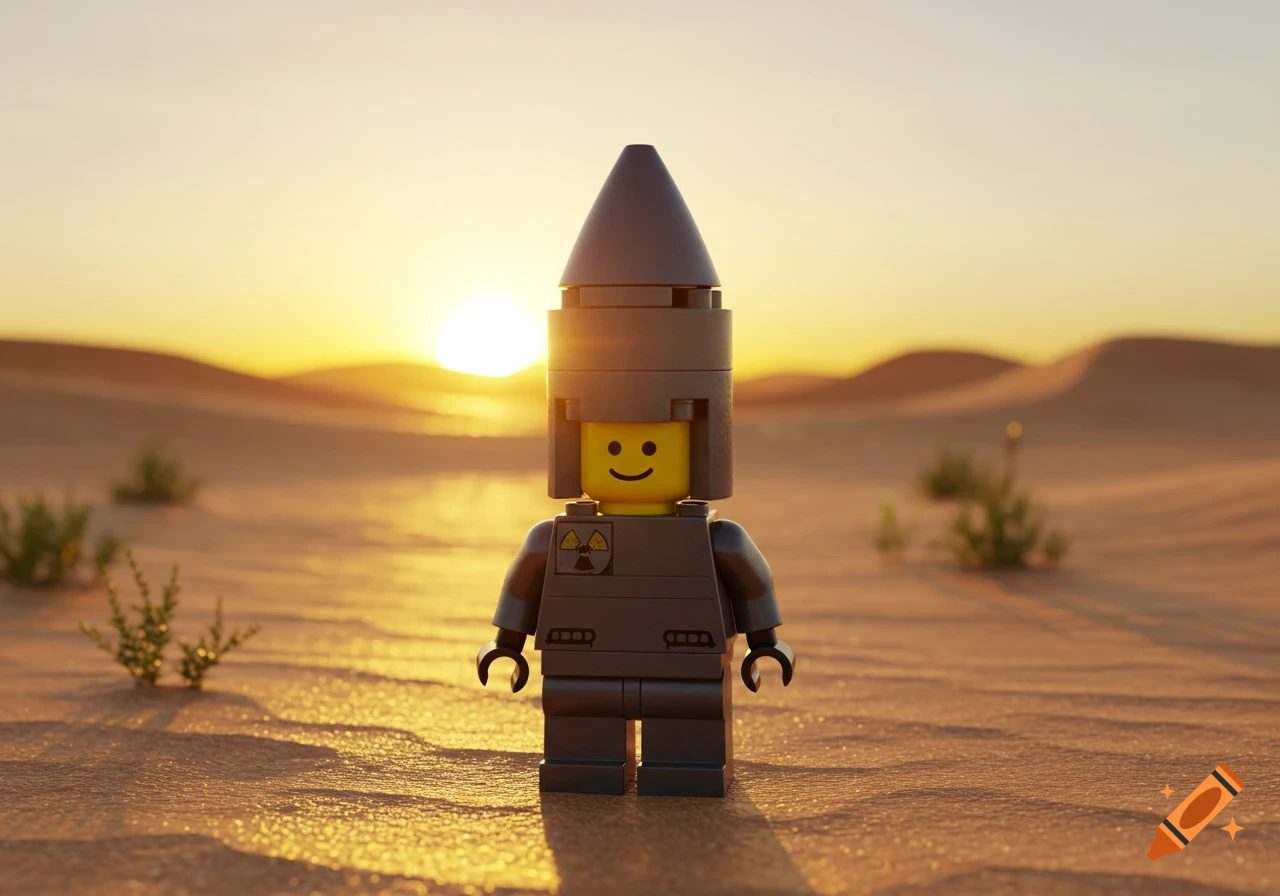 Smiling Lego figure dressed as a nuke with a radioactive symbol stands in a golden desert at sunset.