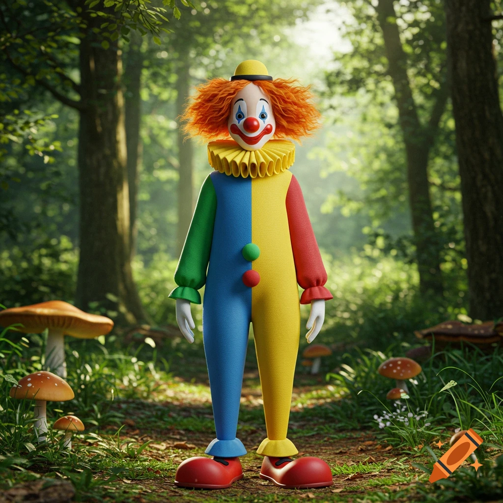 A whimsical clown in a colorful jumpsuit, yellow ruffled collar, and red oversized shoes stands in a sunlit forest with mushrooms.