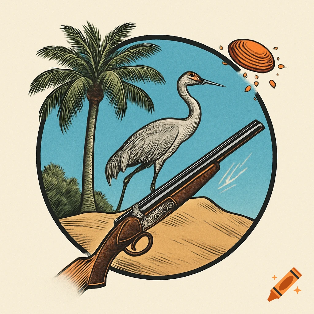 Stylized logo illustration of a crane standing on sand next to a shotgun, with a palm tree and a breaking clay pigeon in the background.