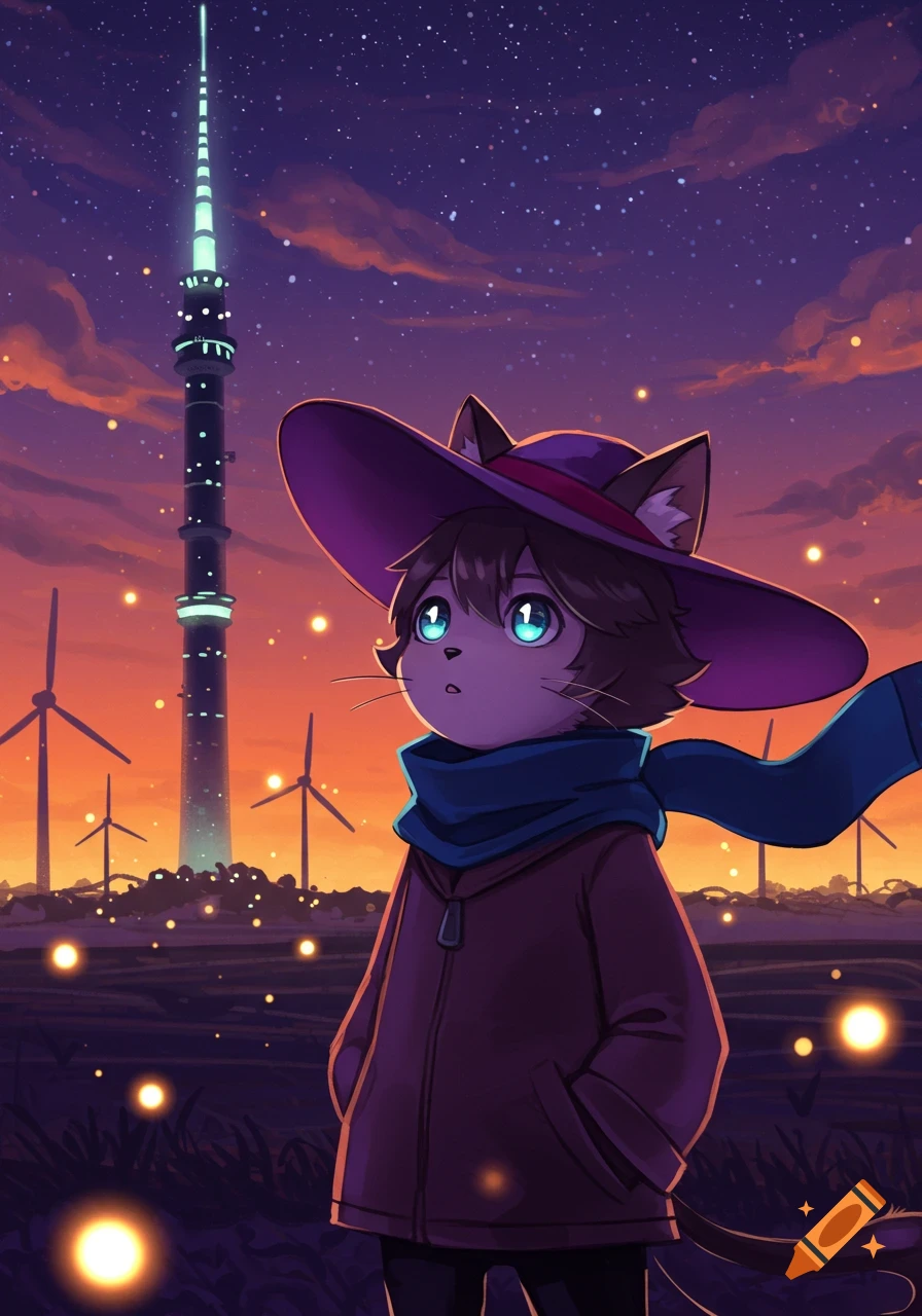 Anime cat-like character in a field at sunset, looking up at a tall, illuminated tower and wind turbines.