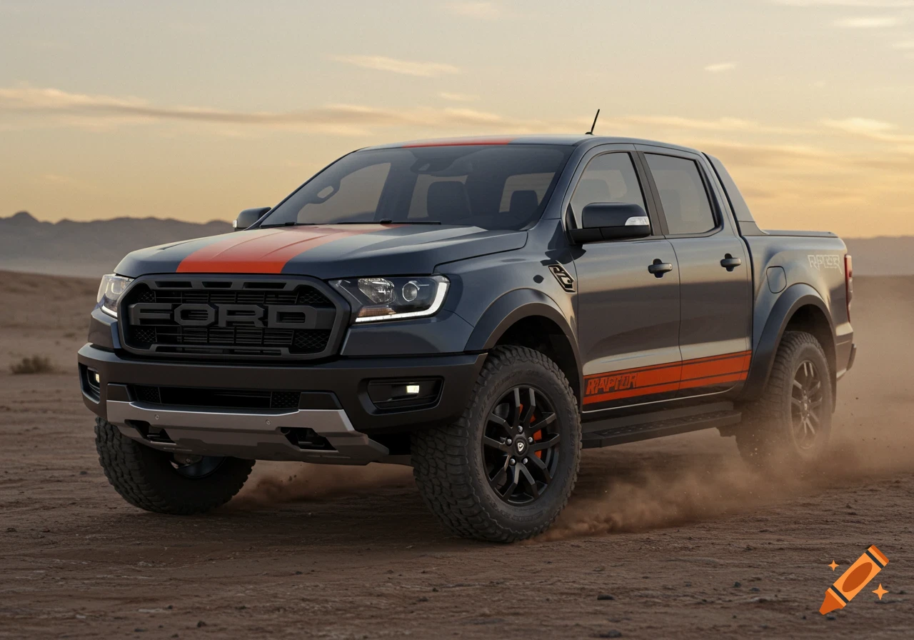 A dark gray Ford Ranger Raptor truck with orange racing stripes driving on a dirt road in a desert landscape at sunset.