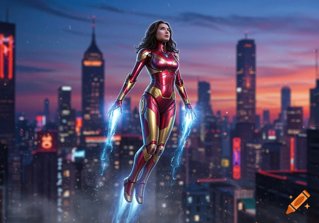 A female superhero in a red and gold suit with glowing hands and feet flies over a city at dusk.