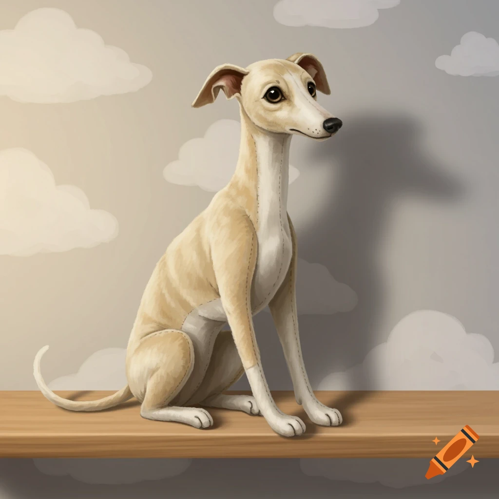 An illustrated whippet soft toy sits on a wooden shelf in front of a wall with stylized clouds.