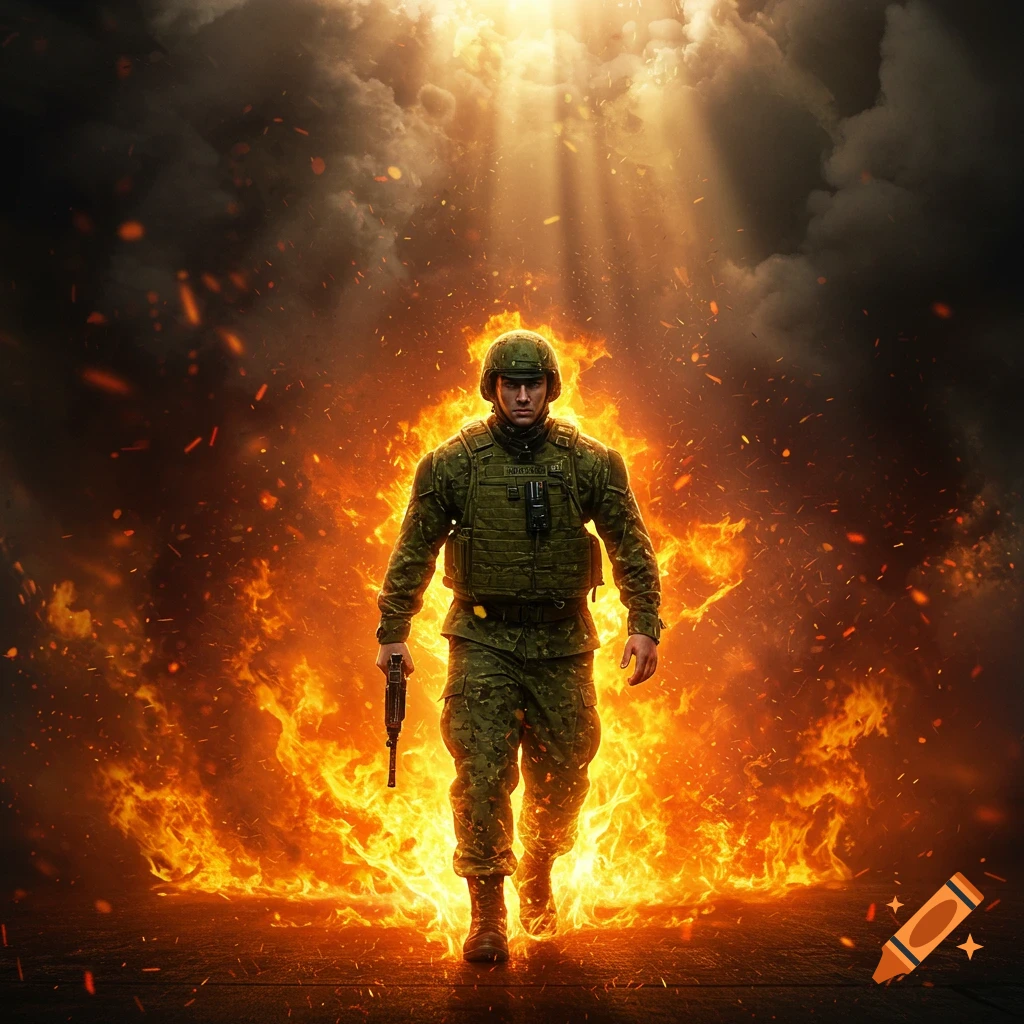 A photorealistic image of a soldier in green camouflage walking forward through intense flames and smoke, with sunlight shining down from above.