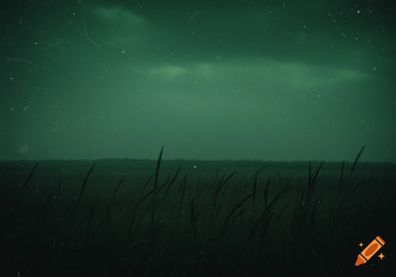 A dark green, fuzzy image of a field silhouette under a cloudy sky, with film grain and scratches.