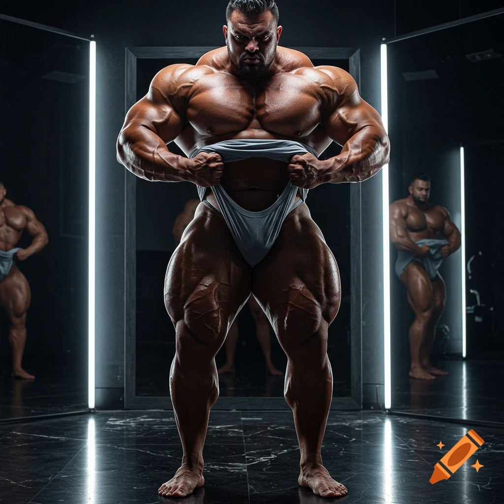 Super muscular bodybuilder in posing trunks flexing in a dark, mirrored room with bright vertical lights.