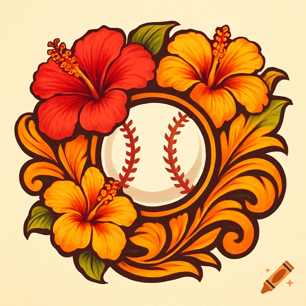 Logo of a baseball surrounded by red and orange-yellow hibiscus flowers and ornate foliage.