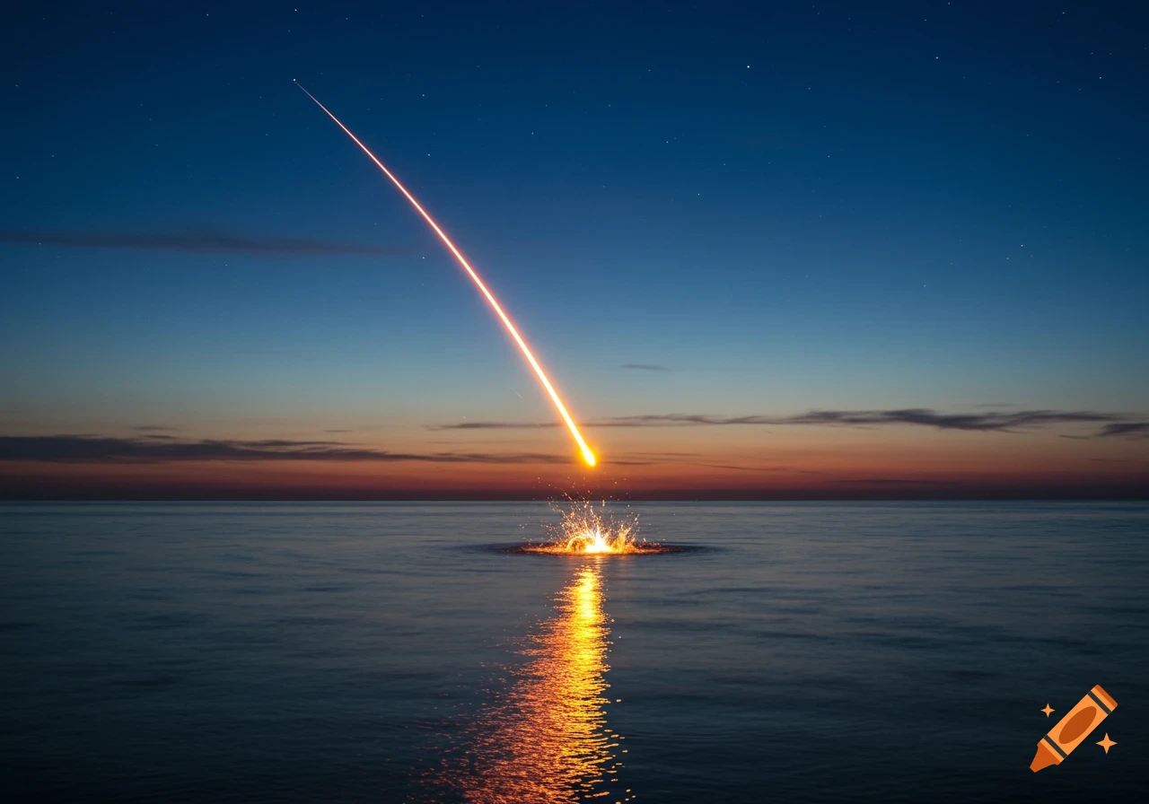 A bright meteorite streaks across a twilight sky, impacting the ocean with a fiery splash and reflection.