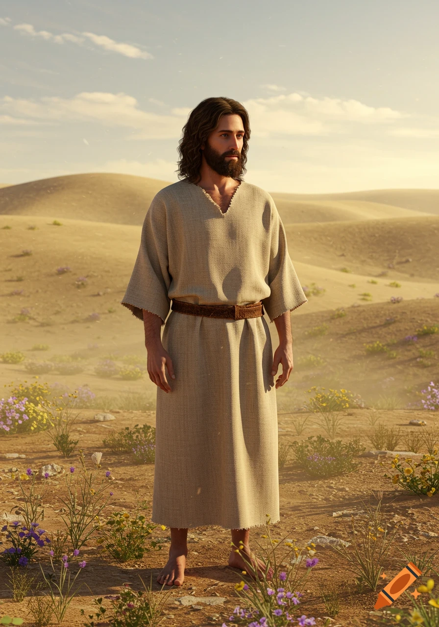 Photorealistic man resembling Jesus with long hair and beard in a beige robe, standing barefoot in a desert with sparse plants.