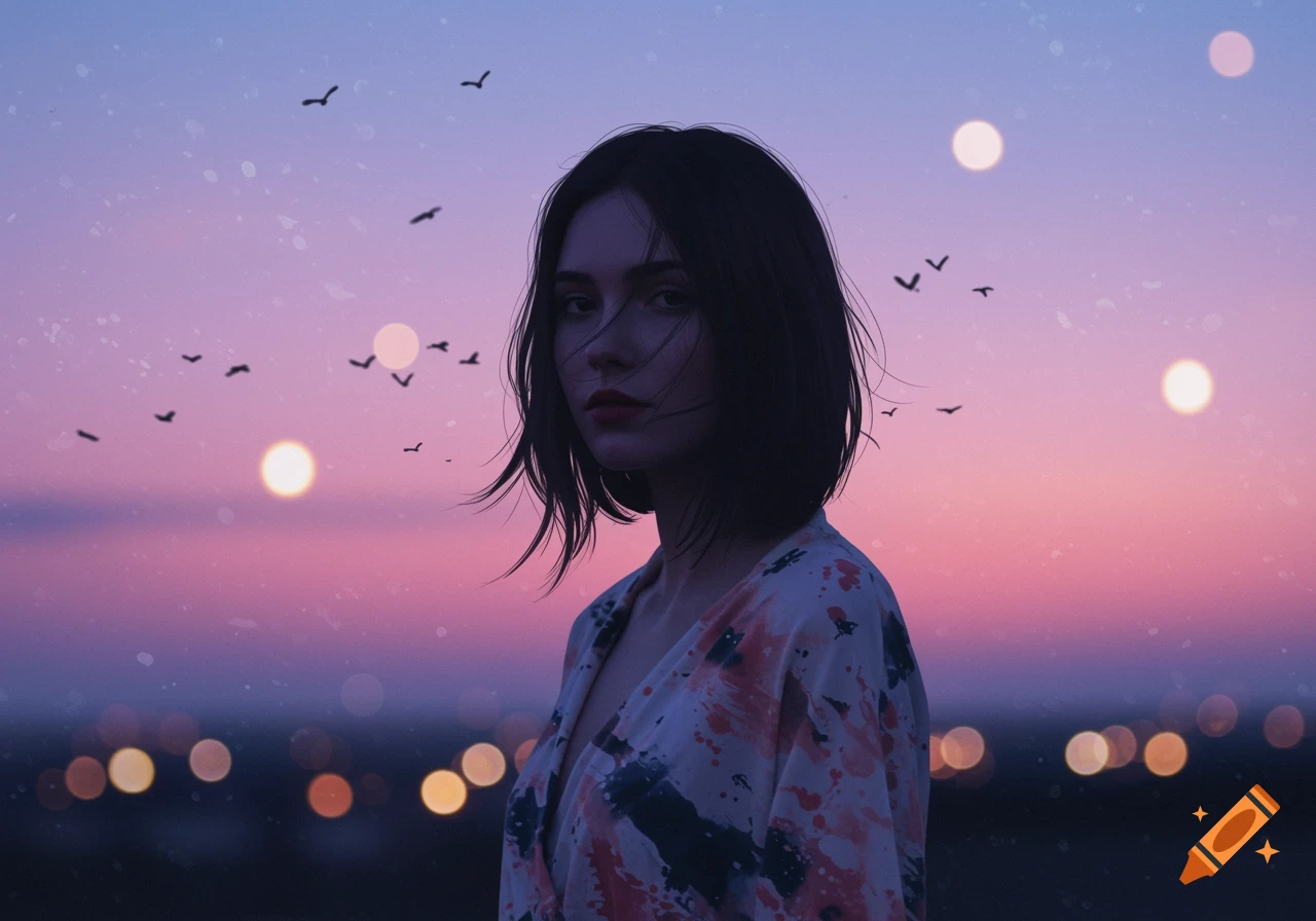 A woman with short dark hair gazes at the viewer under a purple and pink sunset sky with birds flying and blurred city lights below.