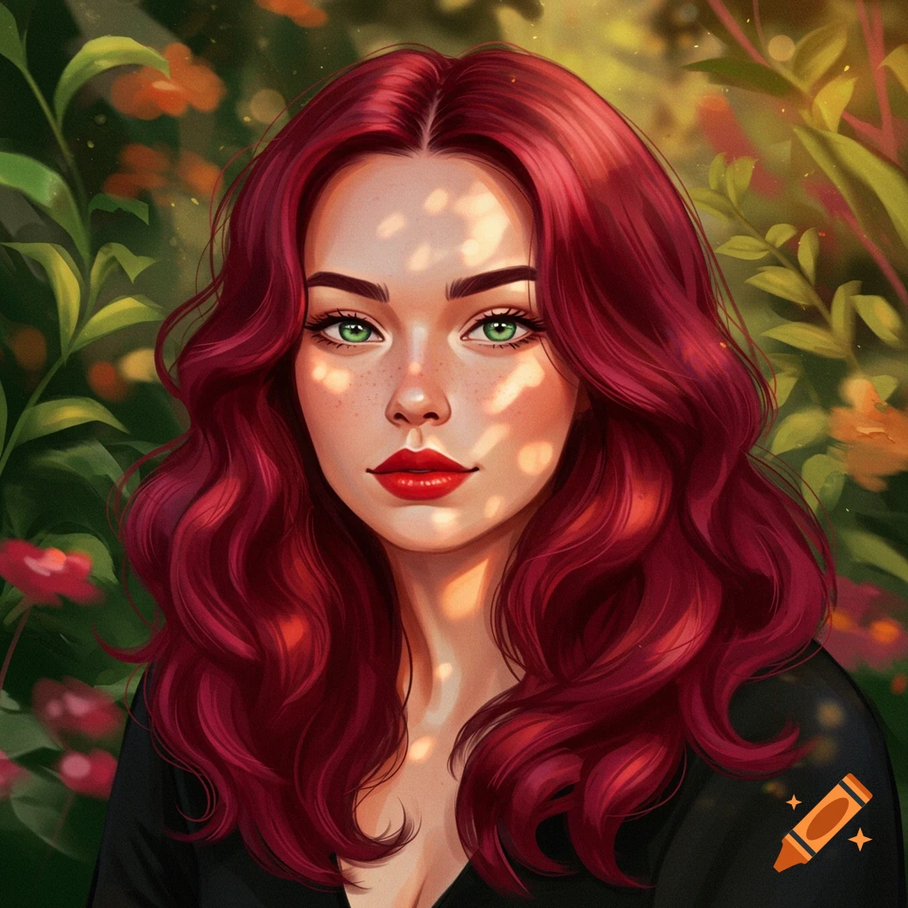 A digital art portrait of a woman with long wavy red hair, green eyes, and red lips, with sunlight dappling her face.
