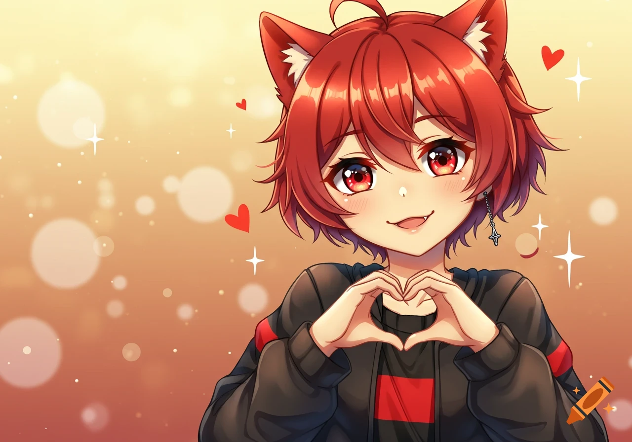 An anime character with red hair and cat ears makes a heart shape with their hands against a warm, sparkling background.