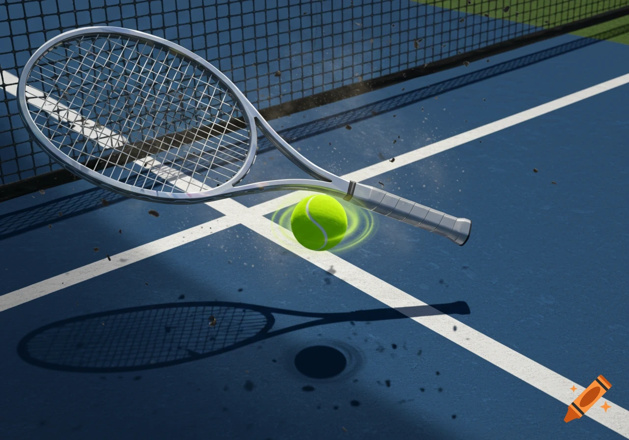 A stylized tennis racket poised over a glowing tennis ball on a blue tennis court with white lines.