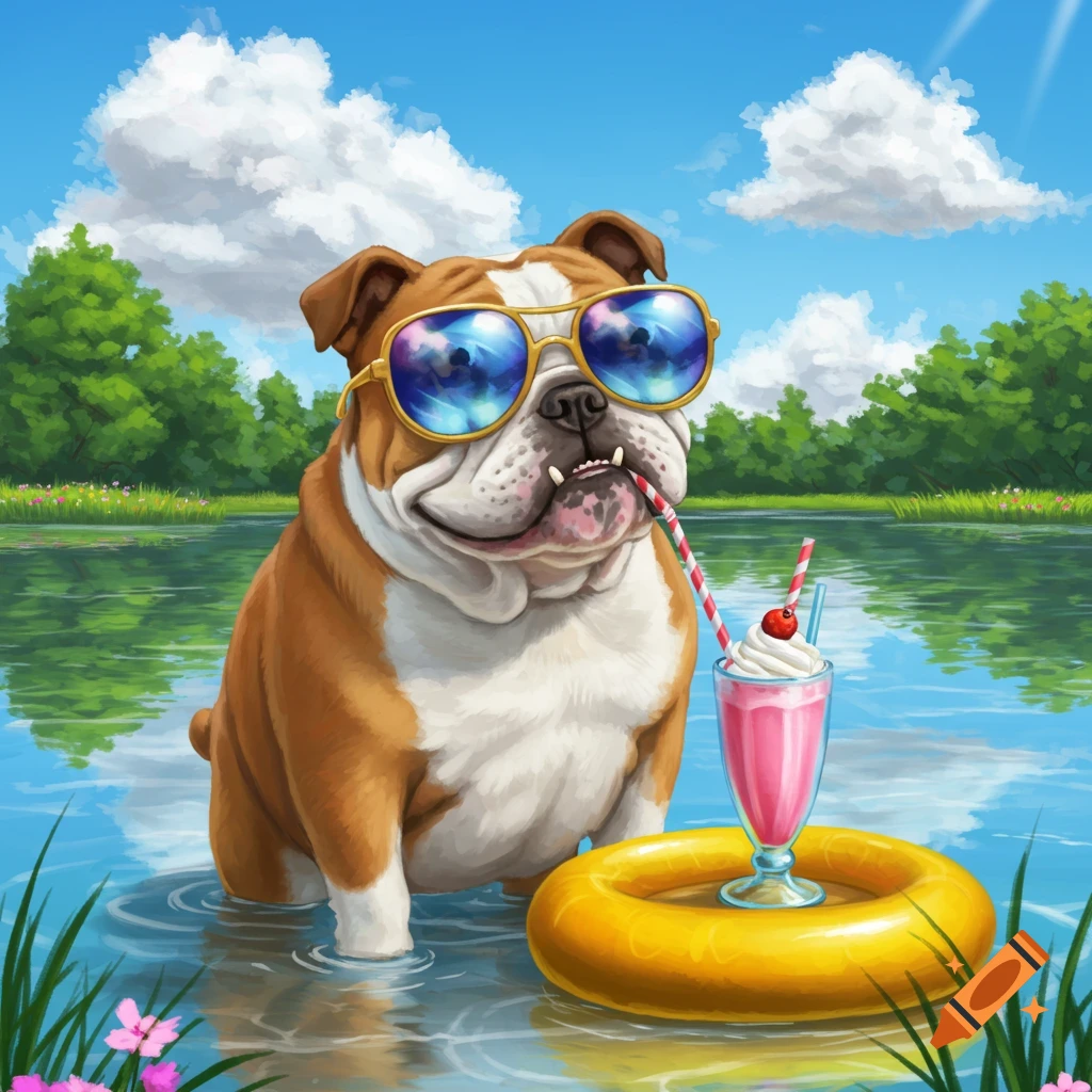 A cartoon bulldog wearing sunglasses stands in a lake, sipping a pink milkshake with a straw under a sunny sky.