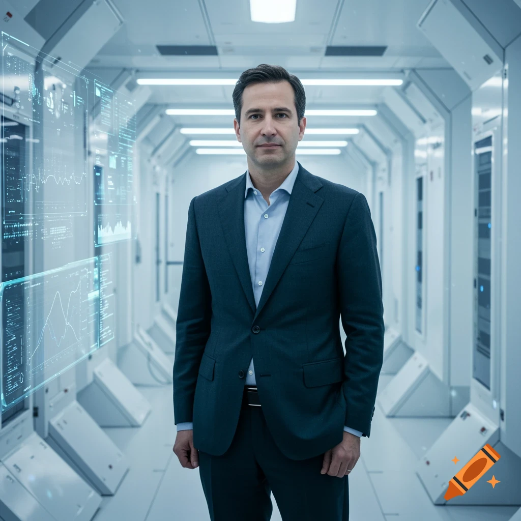 A man in a suit stands in a futuristic white hallway with glowing holographic screens, photorealistic.