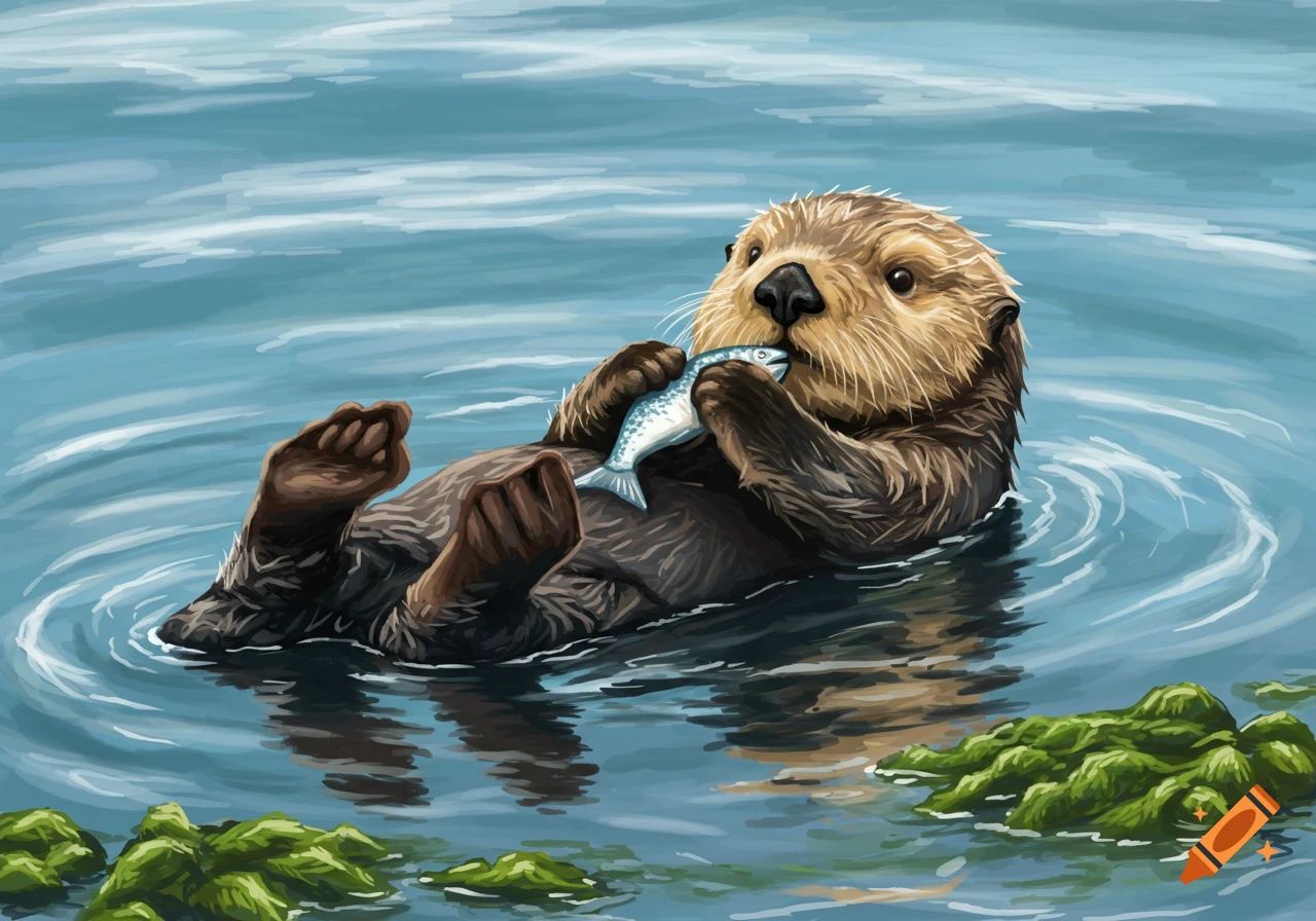 A cute sea otter floats on its back in blue water, holding a small silver fish to its mouth. Digital art.