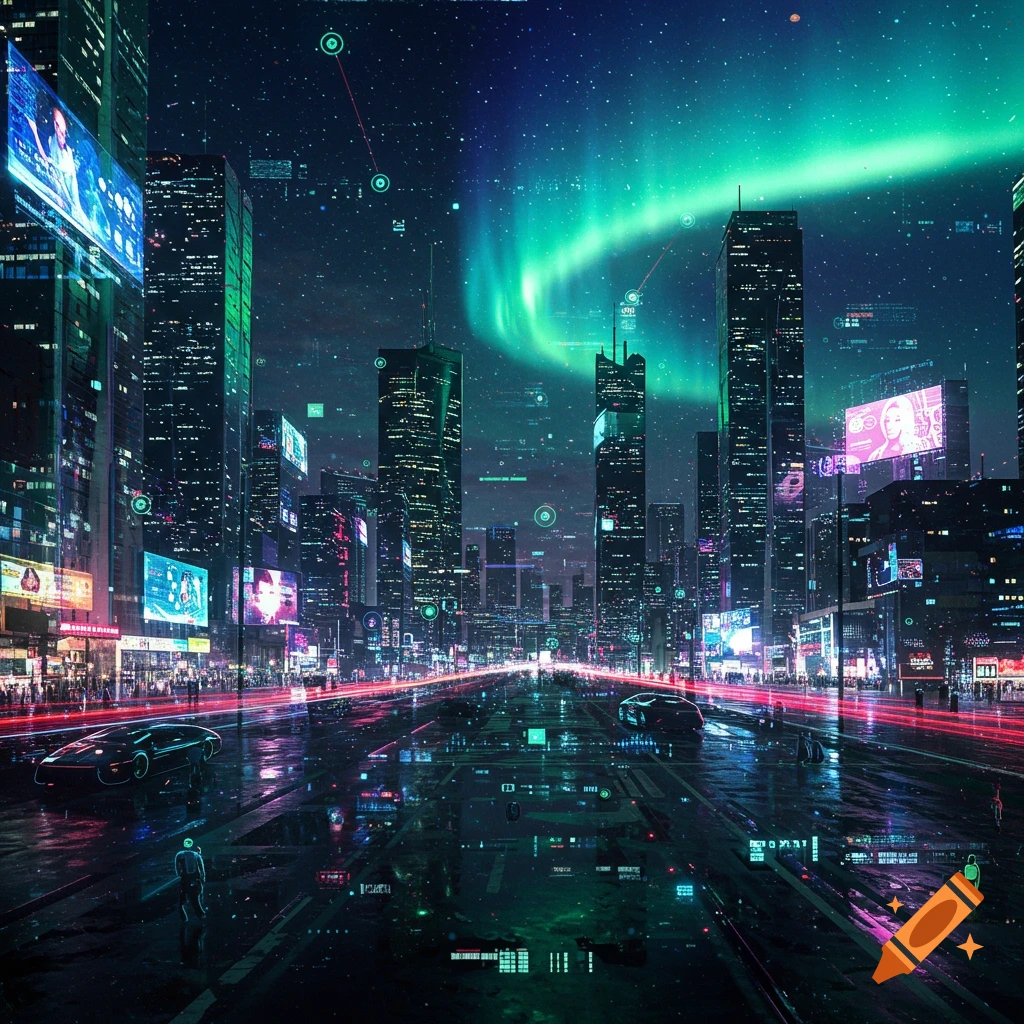 A vibrant, futuristic cyberpunk city at night with neon lights on skyscrapers, a wet street, glowing cars, and an aurora in the sky.