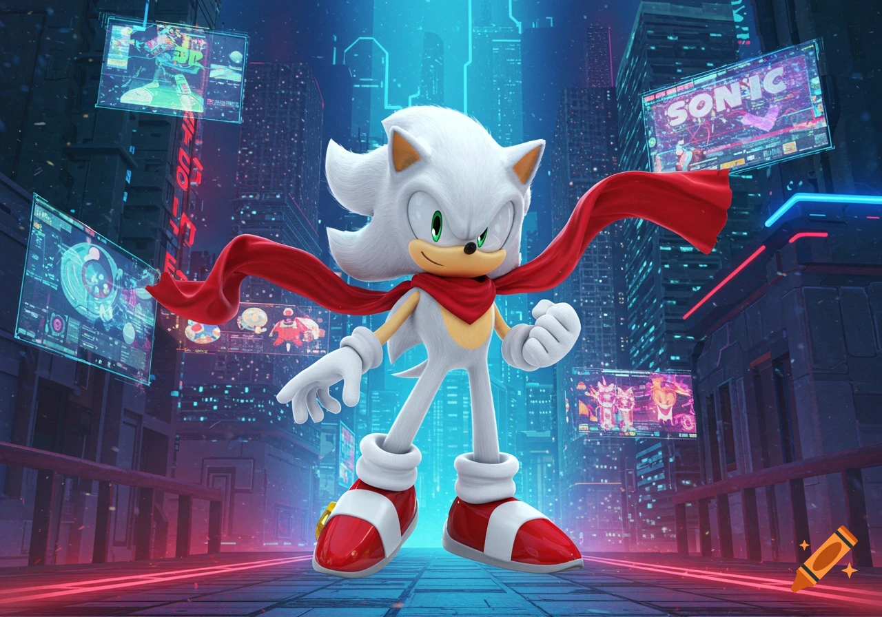 A white Sonic-like character with a red scarf stands in a vibrant, neon-lit futuristic city with glowing billboards.