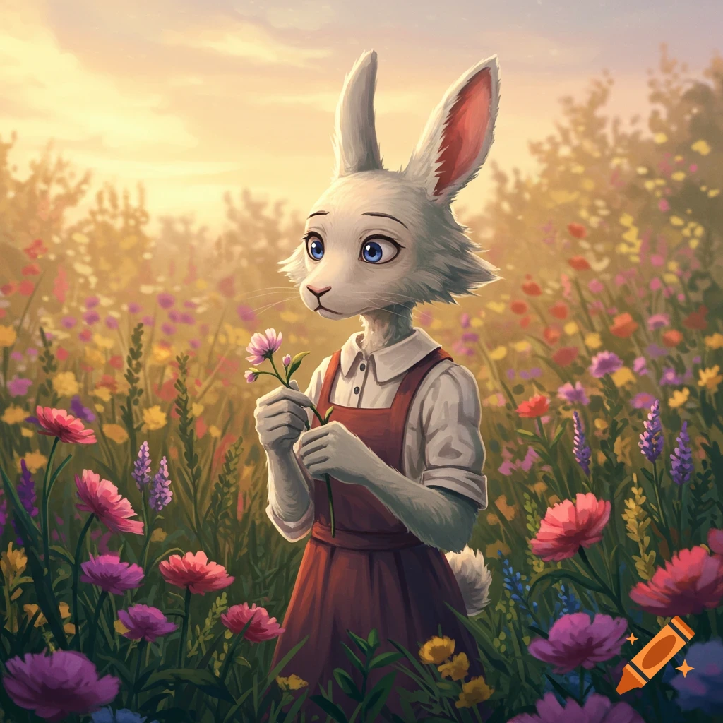 An anthropomorphic white rabbit character in a red dress stands in a vibrant field of wildflowers at sunset, holding a pink blossom.