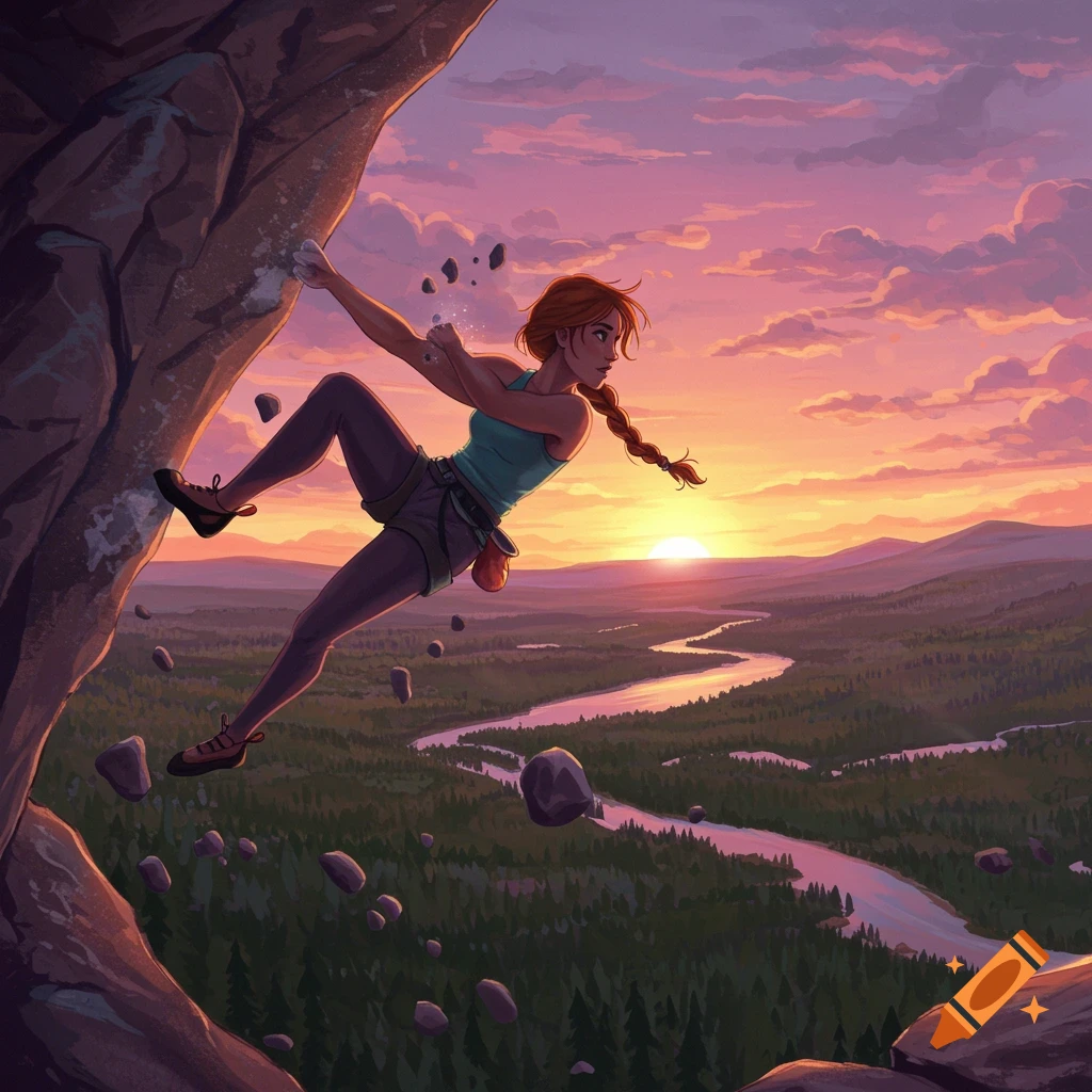 A digital illustration of a woman rock climbing a cliff with rocks falling, overlooking a river and forest valley at sunset.