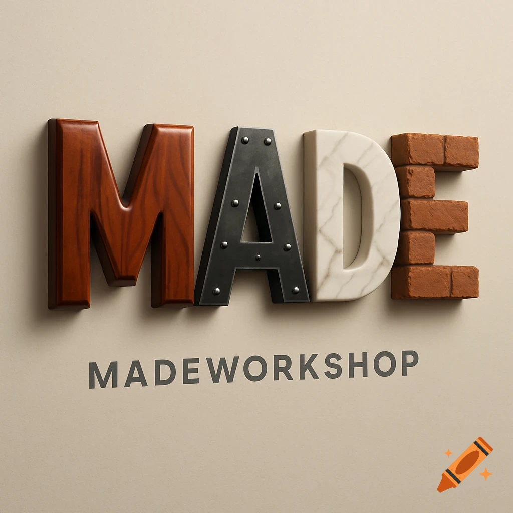 The word MADE in large 3D letters made of different materials: M is wood, A is dark metal with rivets, D is white marble, and E is red brick. Below it, the word MADEWORKSHOP is printed in gray on a light beige background.