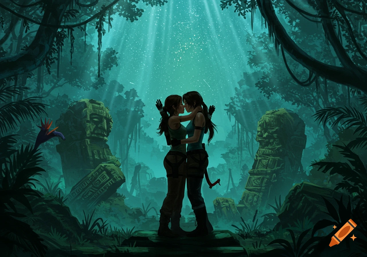 Two women, resembling Lara Croft and Elena Fisher, share a romantic kiss amidst ancient jungle ruins under a luminous sky, digital art style.