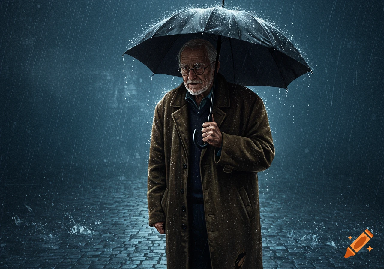 An old man wearing a coat and glasses stands in heavy rain under a black umbrella.