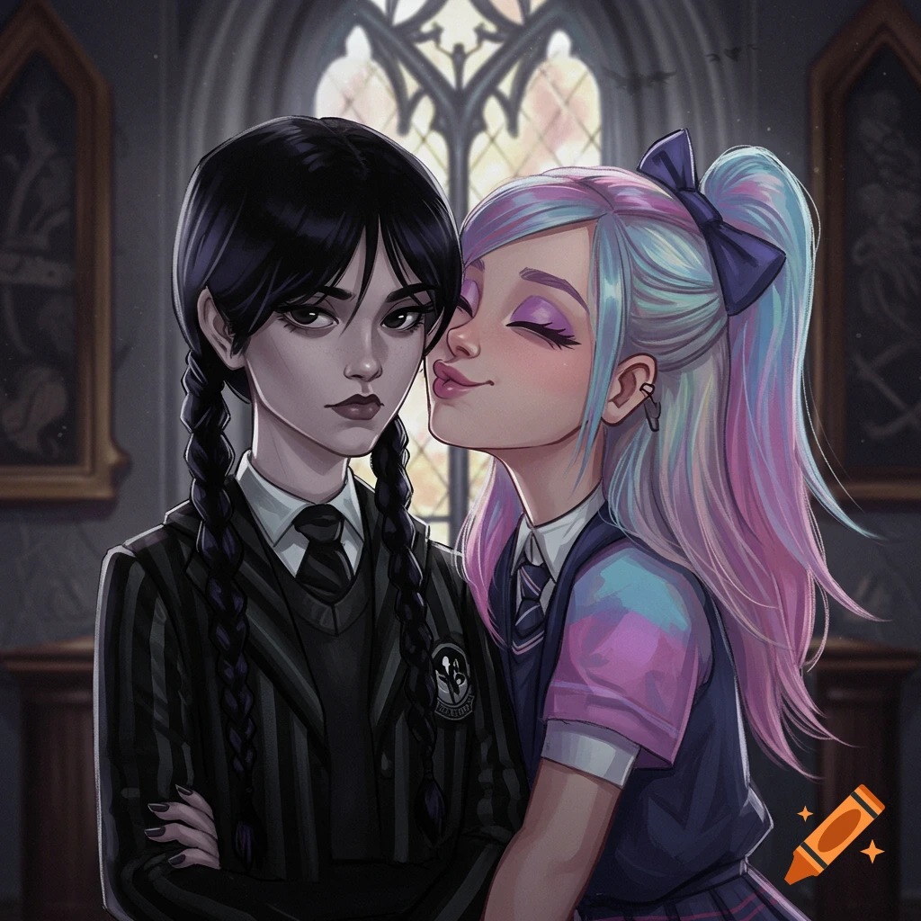 Cartoon illustration of Wednesday Addams with braids and a stern look, being kissed on the cheek by a girl with pastel pink and blue hair.