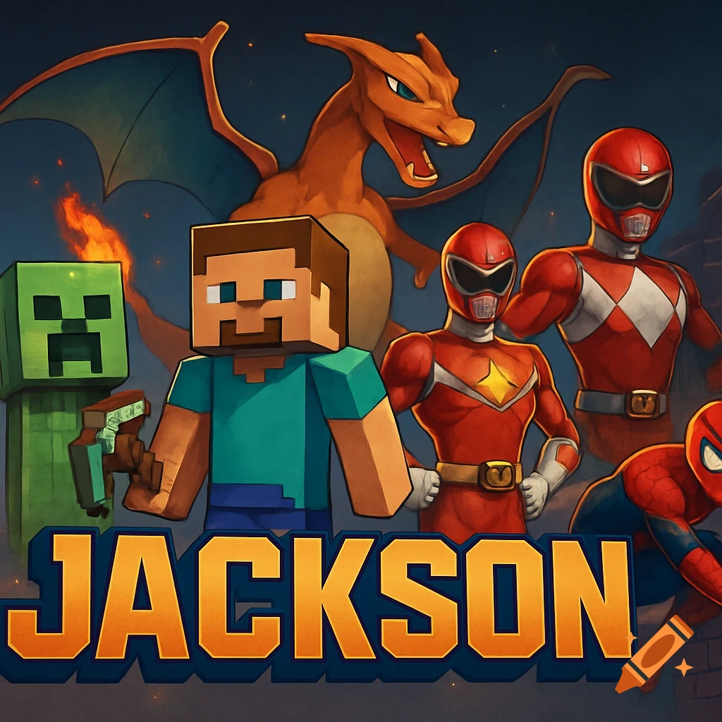 Minecraft Steve, Creeper, Charizard, Red Power Rangers, and Spider-Man are gathered around the name 'Jackson' in a stylized graphic.