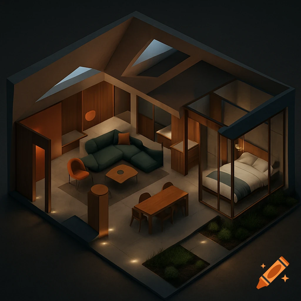 Isometric view of a modern architectural interior with a green sectional sofa, dining area, glass bedroom, and skylights.