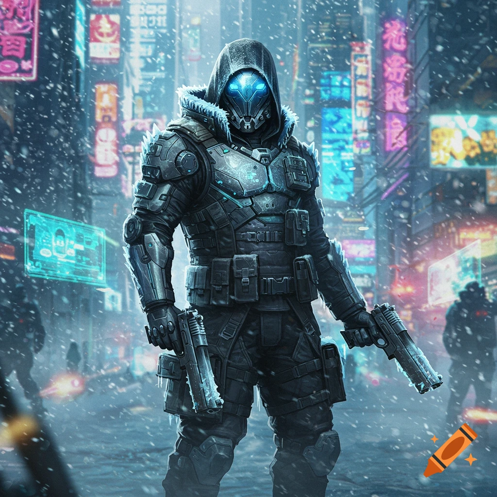 A cyberpunk warrior in battle armor with glowing blue eyes holds two frost-covered guns in a snowy, neon-lit city.