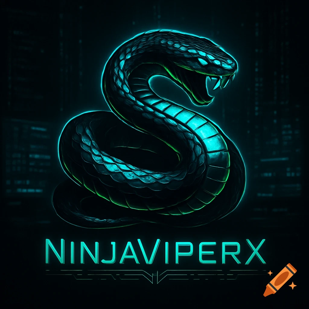 Stylized glowing blue-green viper logo with text 'NINJAVIPERX' on a dark, digital background.