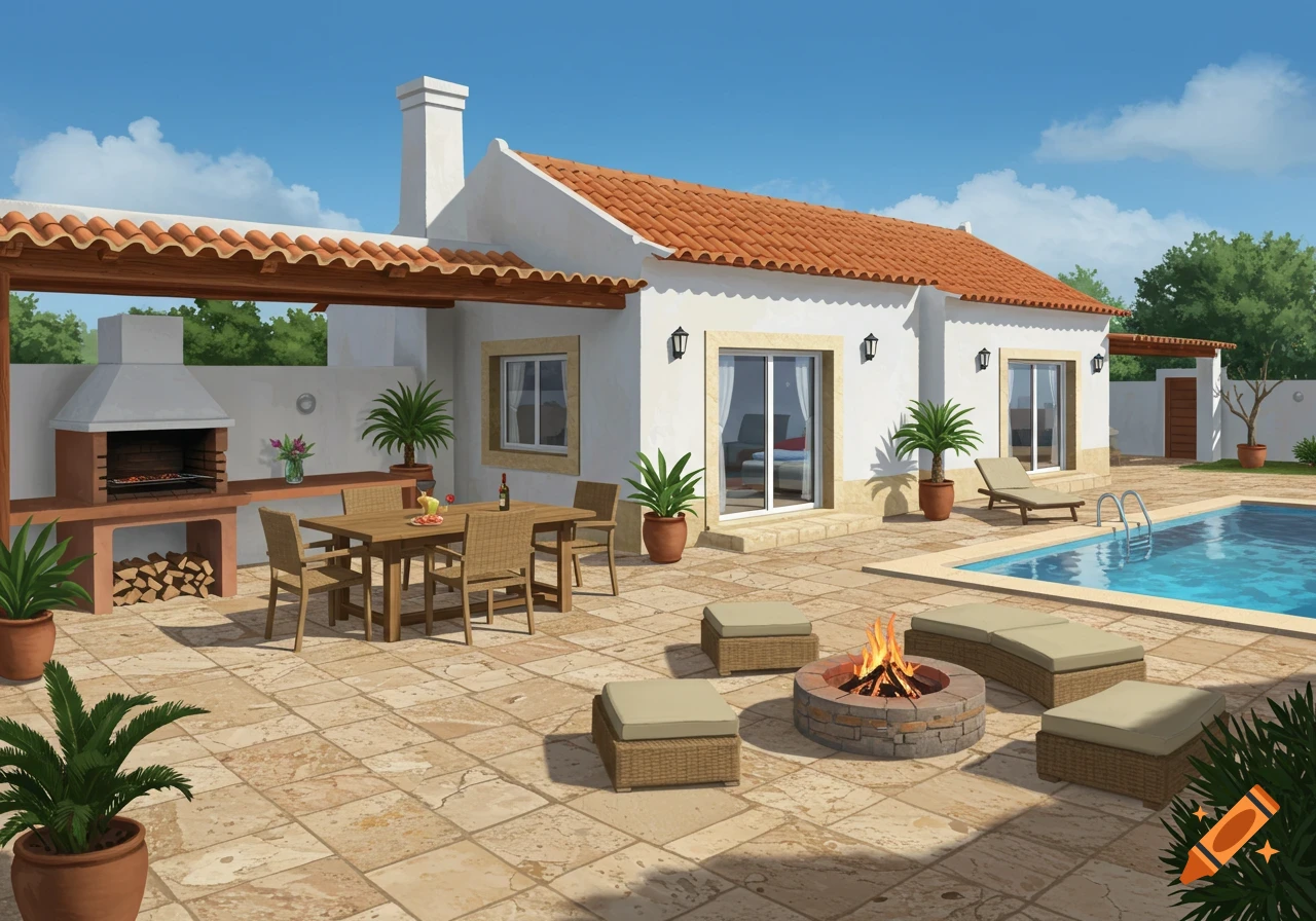 A traditional Algarve house featuring a spacious patio with a barbecue, dining area, fire pit, and a swimming pool.