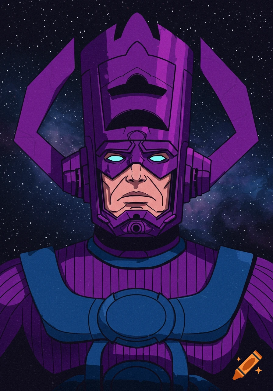 A comic book style portrait of Galactus, a large purple and blue being with a distinctive helmet, against a starry space background.