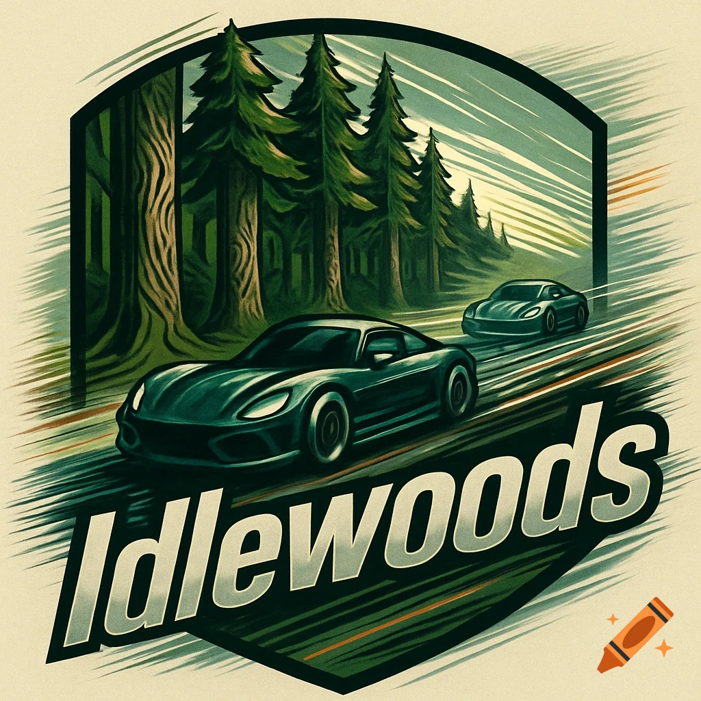 A stylized logo featuring two dark cars racing through a green forest, with 'Idlewoods' text at the bottom.