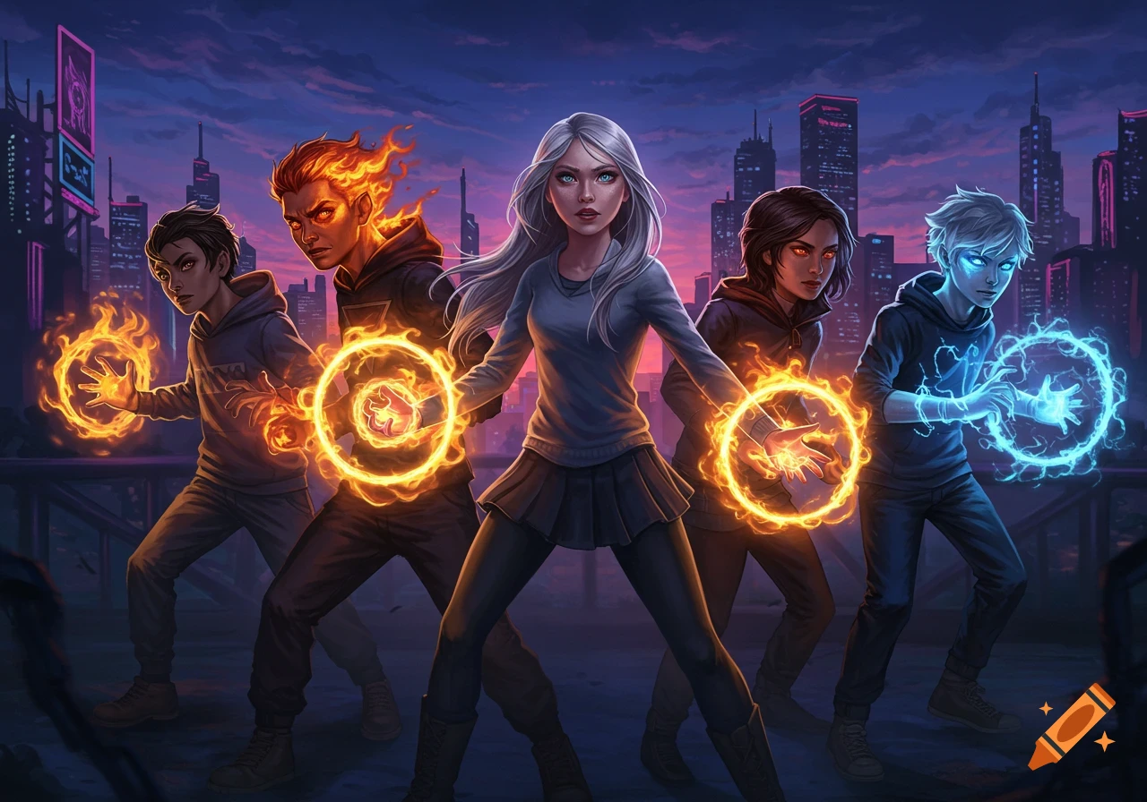 Five diverse teenagers with glowing magical abilities stand before a neon-lit city at dusk.