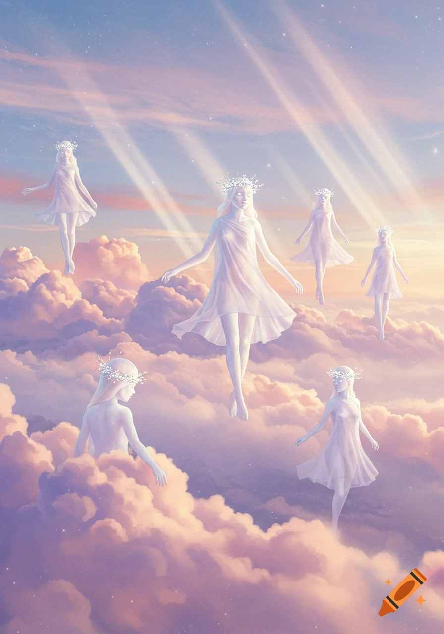 Ethereal white figures with flower crowns float among pastel pink and purple clouds with light rays in a dreamy sky.