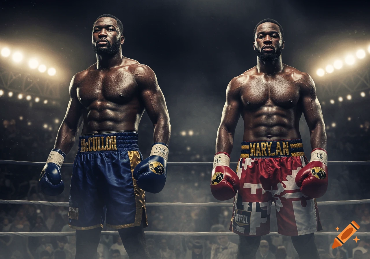 Two muscular male boxers, one in blue shorts and one in red shorts, stand in a boxing ring under bright arena lights, looking ready to fight.
