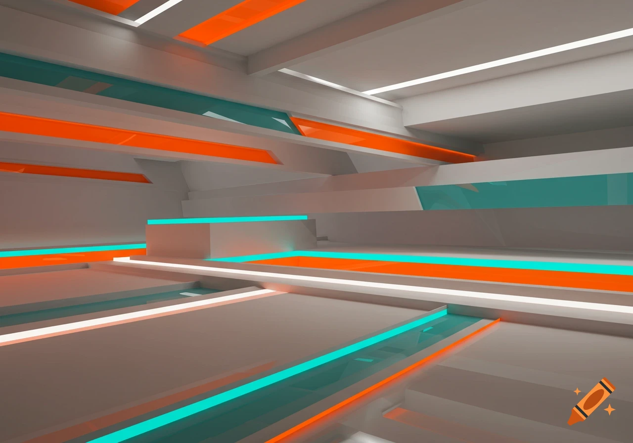A futuristic abstract room with white walls, geometric shapes, and glowing orange and teal light strips.