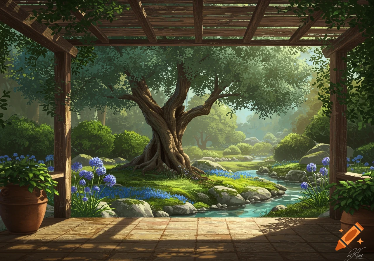A lush garden scene viewed from under a wooden pergola, featuring a large tree, blue flowers, a flowing stream, and a sun-dappled patio.