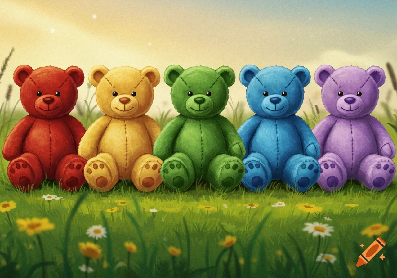 Five colorful teddy bears sit in a row on green grass with flowers under a bright sky, in an illustrated style.